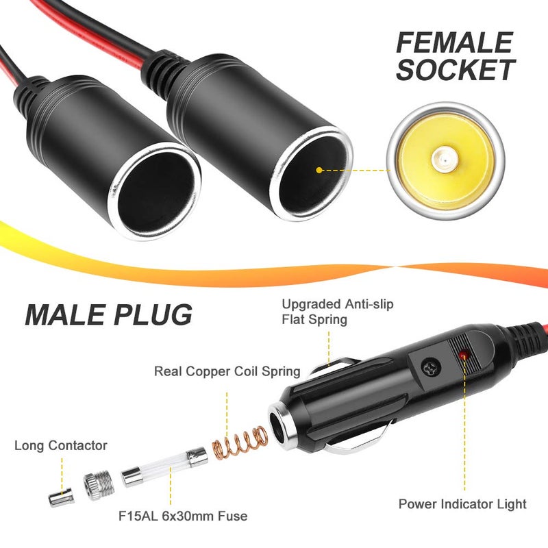 ELECTOP 1 to 2 Car Cigarette Lighter Splitter Adapter Power Charger Port, 12V 24V Plug Socket 2-Way Splitter Y Adapter, 10 inch 16AWG Cigarette Lighter Extension Cord with 15A Fuse - Image 2